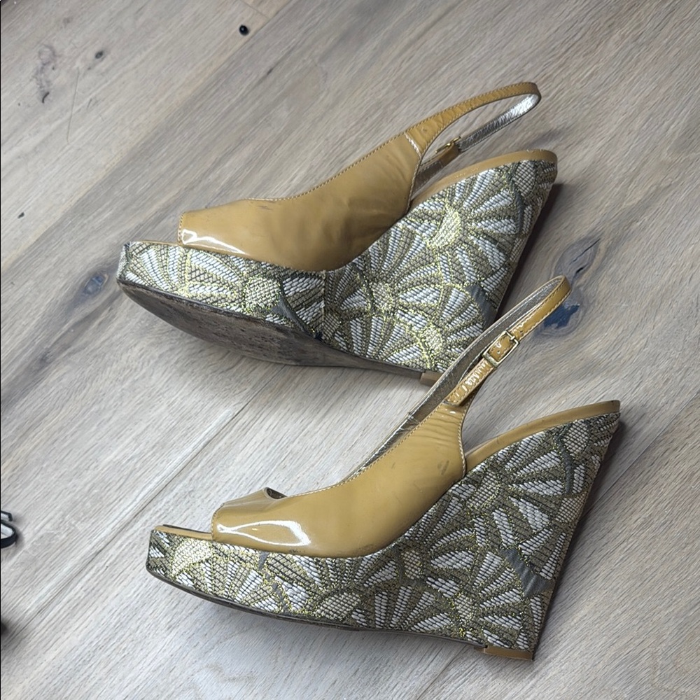 Roberto Cavalli brocade nude patent Wedge Sandals